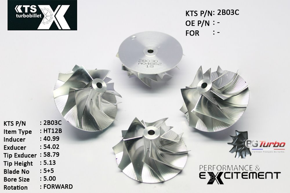 Turbo ROUE FORGÉE MFS PERFORMANCE - 5+5 PALES - INDUCER : 40,99 - EXDUCER : 54,02 - TYPE : HT12BANGLE : 75° - ROTATION : Forward - SUPER BACK : 0,18 - BORE SIZE : 5
